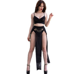 Chilirose - Cr 4672 Jupe Top Noire Et String Avec Chaînes Doré Xl